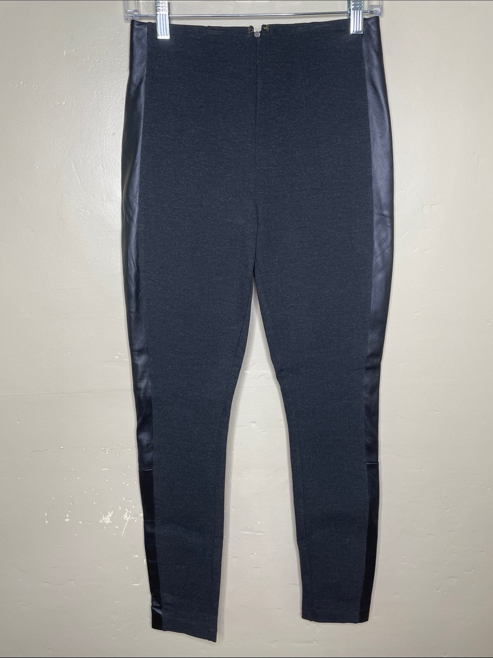J CREW Gray & Black Pixie Ponte & Leather Tuxedo Stripe Sleek Minimalism Pants 2